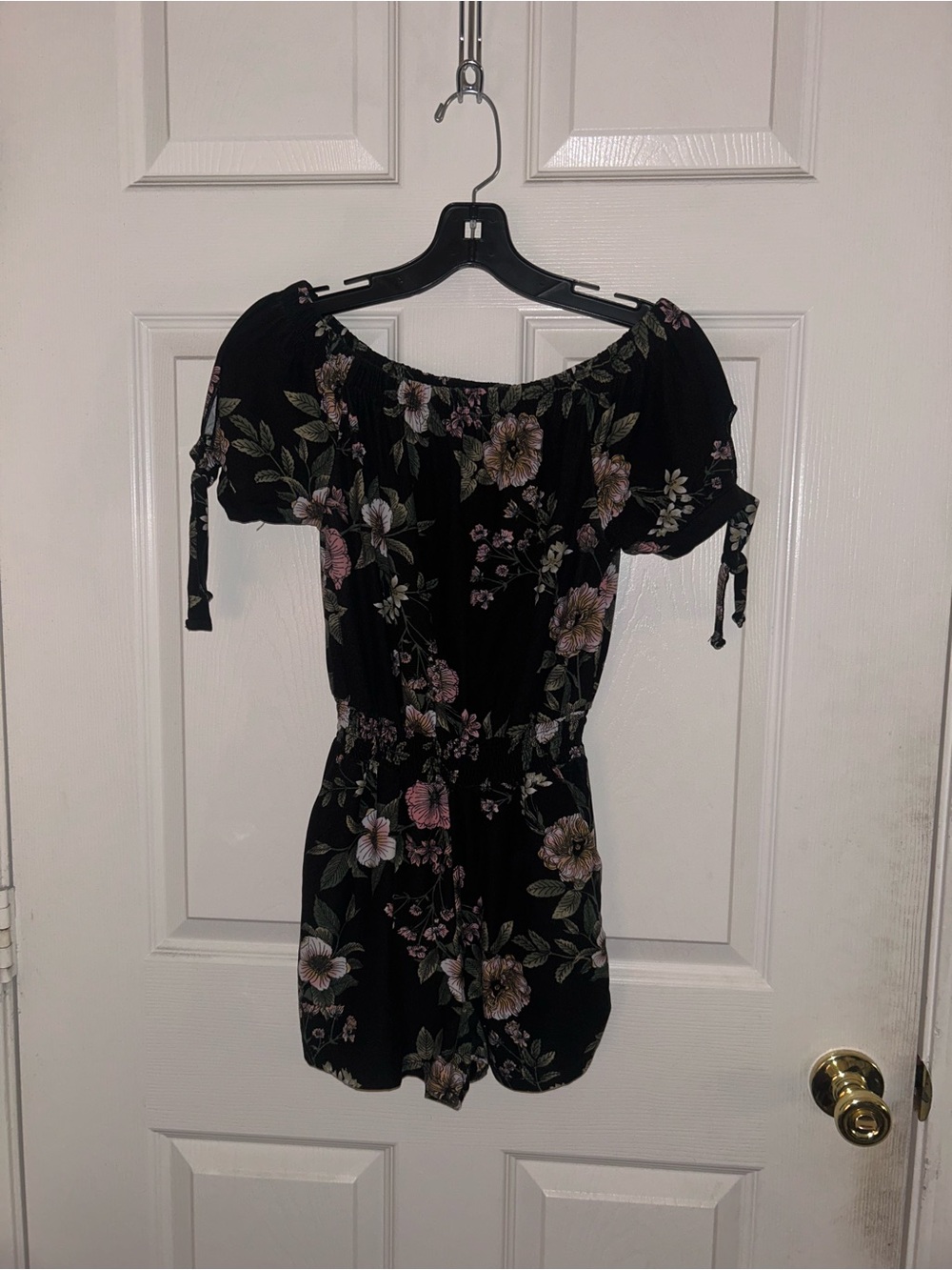 Darling Black Floral Off-Shoulder Romper with Pink & Green Blooms